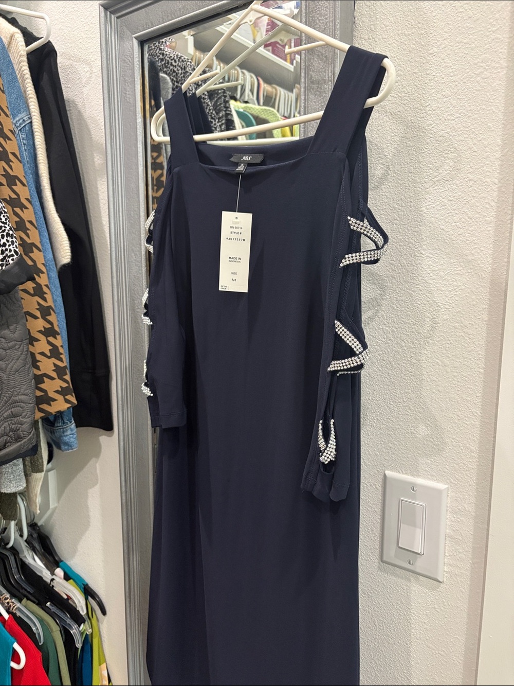 J.B.S. Navy Cold-Shoulder Dress with Beaded Trim